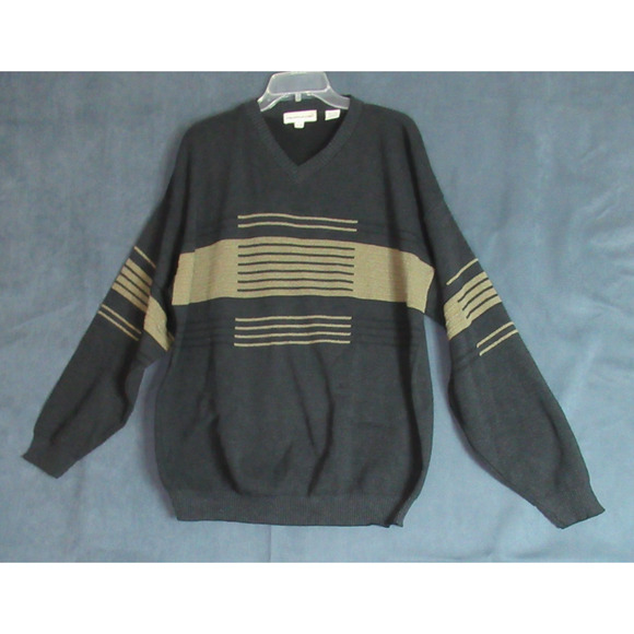Vintage Pronto-Uomo Sweater Mens XL Gray Striped Knit Cosby 90s Grandpa USA Made - Picture 1 of 7